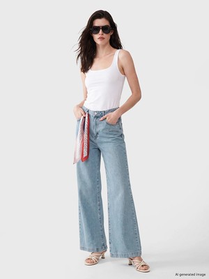 LC Waikiki Lcw Comfort Indigo Fular Detaylı Wideleg Kadın Jean Pantolon