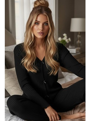 Siyah İnci Siyah Fiyonklu Fitilli Kaşkorse Uzun Kollu Pijama Takım 7937