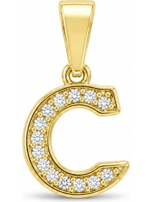 Zeino C Harfi Zirkon Taşlı Minimal Kolye Ucu  - 14K Altın Kaplama - 8 x 17 mm