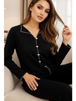 Siyah İnci Siyah Gül Aksesuarlı Uzun Kollu Pijama Takım 7939