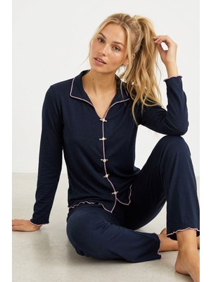 Siyah İnci Lacivert Gül Aksesuarlı Uzun Kollu Pijama Takım 7939
