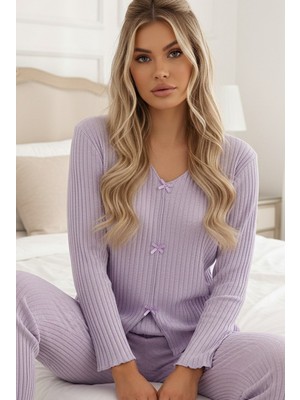 Siyah İnci Lila Fiyonklu Fitilli Kaşkorse Uzun Kollu Pijama Takım 7937