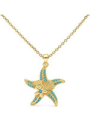 Zeino Mavi Zirkon Taşlı Deniz Yıldızı Çelik Kolye  - Altın Rengi Kaplama - 39+4 cm
