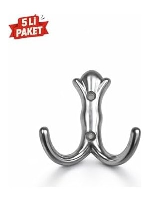 5'li Mat Krom Vestiyer Askısı – Dolap & Portmanto Duvar Askılığı – Çift Kancalı Modern Metal Tasarım