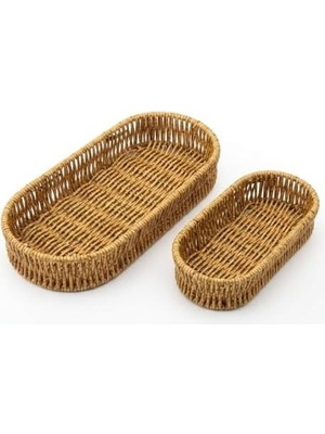 Oval Hasır Örgü Dekoratif Sepet Tepsisi, Doğal Renk, 2'li Set, Büyük 28X10X5 Cm, Küçük 24X9X5 cm