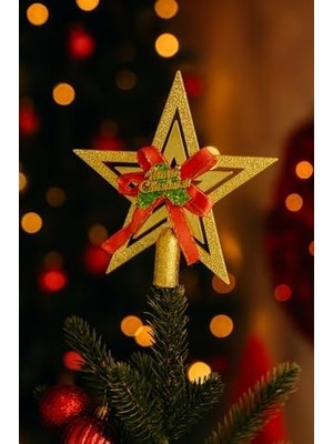 Yılbaşı Ağacı Yıldızı Gold Kırmızı Kurdelalı Merry Christmas Yazılı Yılbaşı Süsü