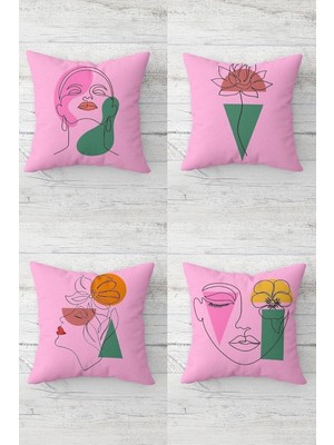 Line Art Yüz ve Çiçek Desenli Gizli Fermuarlı Kırlent Kılıfı Koltuk Yastık Kılıfı TAKIM(4ADET), Pembe-Yeşil 45 x 45