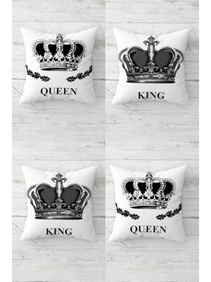 King And Queen Taç Desenli Gizli Fermuarlı Kırlent Kılıfı Koltuk Yastık Kılıfı TAKIM(4ADET), Siyah-Gri-Beyaz 45 x 45