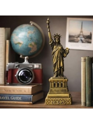 Minyatür Özgürlük Anıtı Heykeli, Metal Döküm, Bronz Finish, 21 Cm, Usa Yazılı Detaylı Kaide