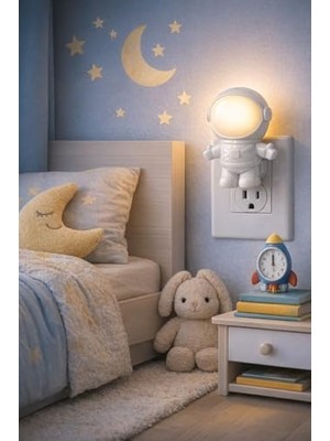 Astronot LED Gece Lambası Priz Tipi, Açma Kapama Tuşlu, Sıcak Beyaz 3000K Işık, Enerji Tasarruflu, Çocuk Odası, Genç Odası ve Koridor Için Gece Lambası, Dekoratif Gece Işığı