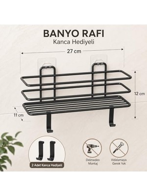 Siyah Yapışkanlı Banyo Rafı, 2 Kancalı Duvar Tipi Banyo Organizer, Şampuanlık ve Aksesuar Rafı, Delmeden Kolay Kurulumlu Metal Banyo Düzenleyici