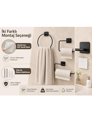 3’lü Siyah Banyo Seti, Yapışkanlı ve Vidalı Montajlı Havluluk, Tuvalet Kağıtlığı, Yuvarlak Havluluk ve Kağıt Havluluk Seti