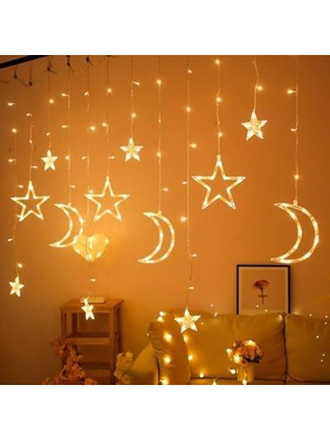 Ay Yıldız Figürlü Perde LED Işık, 3.5 Metre 12 Sarkıtlı Dekoratif Aydınlatma, 8 Fonksiyonlu ve Eklenebilir Fişli, 3200K Günışığı (Sarı) Ramazan ve Ev Dekoru