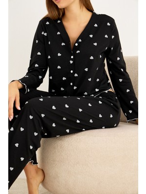 Siyah İnci Siyah Beyaz Kalp Desenli Uzun Kollu Düğmeli Pijama Takım 7936