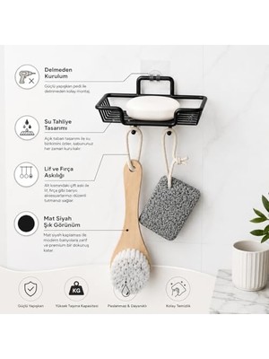 Yapışkanlı Siyah Sabunluk ve Lif Askılık, Delmeden Montajlı Banyo Sabun Rafı, Çift Askılı Mat Siyah Banyo Düzenleyici