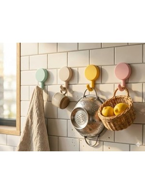 Dekoratif 4'lü Yapışkanlı Askı Seti – 2 kg Taşıma Kapasiteli, Mat Pastel Renkler, Delme Gerektirmez