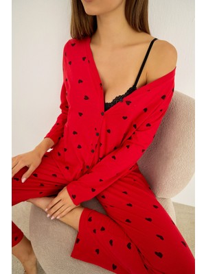 Siyah İnci Kırmızı Siyah Kalp Desenli Uzun Kollu Düğmeli Hırka Pijama Takım 7935