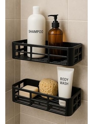 Yapışkanlı Duş Rafı – 2 Adet Paslanmaz Banyo Şampuanlık Organizer | Delmeden Montaj | Geniş Kapasiteli Duş Organizeri | Siyah Plastik Raf – Banyo Mutfak Uyumlu