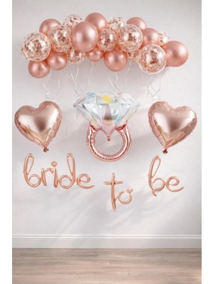 Patladı Gitti Bride To Be El Yazısı, Tek Taş Yüzük ve Kalp Folyo Balonlu Rose Gold Set