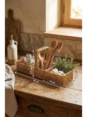 3 Bölmeli Hasır Sepet Organizer Saplı, Mutfak Banyo Ofis Çok Amaçlı Düzenleyici, Plastik Rattan Kaşıklık Sepeti, 40X13X17 cm