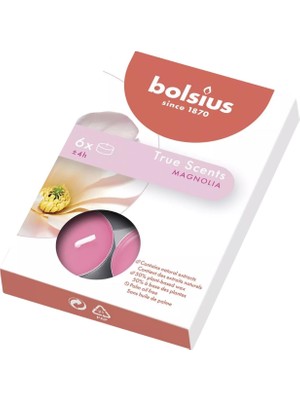 Bolsius Kokulu Tealight Mum, Manolya Kokulu, Pembe Renkli, 6'lı Paket, 4 Saatlik Yanma Süresi - Ev Mumu - Iç Dekorasyon - Doğal Özler - Doğal Vegan Balmumu Içerir - Palmiye Yağı Içermez