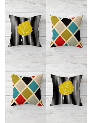 Yaprak Desenli ve Karo Renk Bloklu Gizli Fermuarlı Kırlent Kılıfı Koltuk Yastık Kılıfı TAKIM(4ADET), Yeşil-Çok Renkli 45 x 45
