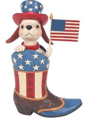 Enesco Jim Shore Heartwood Creek Patriotic Dog Holding Flag In A Cowby Boot Figurine, 22 Cm, Çok Renkli