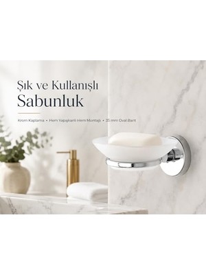 Iris Krom Kaplama Sabunluk, Yapışkanlı ve Vidalı Montaj, Duvar Tipi Beyaz Sabun Kabı, 35 mm Oval Bantlı
