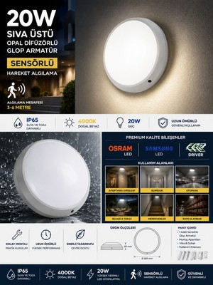 Avarson Gecem 20W 4000K IP65 Sensörlü Sıva Üstü Opal Difüzörlü LED Glop Armatür