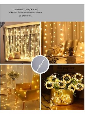 3x3 Metre Perde LED Işık, 300 Ledli 10 Sarkıtlı Dekoratif Peri Led, Uzaktan Kumandalı ve 8 Fonksiyonlu, USB Girişli Günışığı (Sarı) Duvar ve Perde Aydınlatması