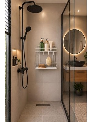 Beyaz Yapışkanlı Duş Rafı 2 Katlı Banyo Organizeri Şampuanlık