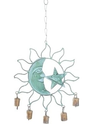 Deco 79 Metal Güneş ve Ay Çanı Çanlı, 33 cm x 28 cm x 2,5 Cm, Turkuaz