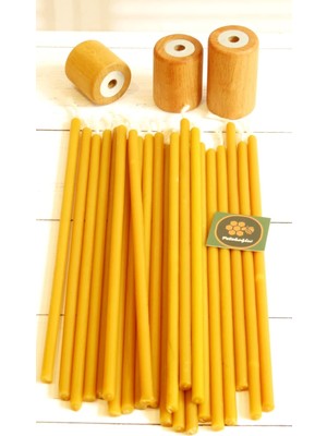 (50 Adet) Balmumu Mum ve (3 Adet) Özel Dizayn Ahşap Silindir Mumluk Dilek Mumu Doğal Petek Mum Beeswax Candle Sarı