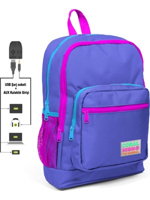 Mavi USB Şarjlı Kulaklık Çıkışlı Okul Sırt Çantası 23803