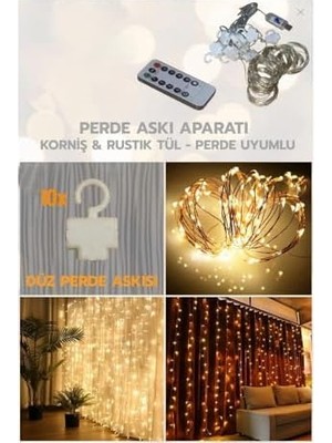LED Işık 5 Metre Sarı Işık Kornişe Takılabilir Aydınlatma – USB Girişli, Bakır Telli, 10 Halkalı Tasarım, Perde Asma Aparatlı ve Uzaktan Kumandalı Dekoratif Işık Zinciri