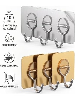 Yapışkanlı Askılık Seti, 3'lü, Gümüş ve Bronz Renk, 10 kg Taşıma Kapasiteli, Kolay Montaj (Bronz)