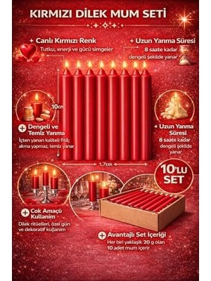 10’lu Kırmızı Dilek Mumu Seti – Kaliteli ve Pürüzsüz Dış Yapılı, Içten Yanan Fitilli, Silindir Blok Tasarımlı, Dekoratif ve Ritüel Kullanımına Uygun Mumlar