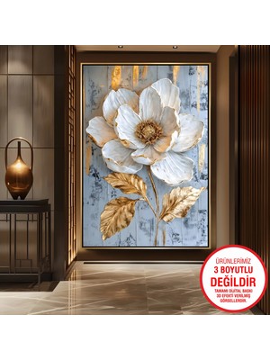 Emya Home Gold Metal Çerçeveli Kabartma Görünümlü Çiçekler Kanvas Tablo