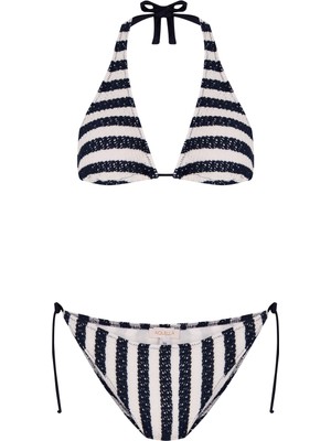 Aquella Lacivert Çizgili Triko Uzun Üçgen Bikini Takım
