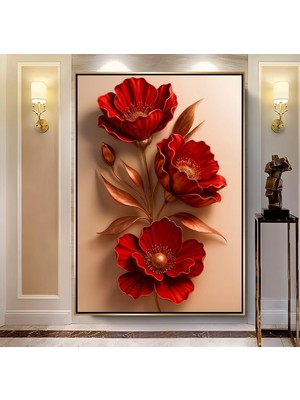 Emya Home Gold Metal Çerçeveli Kabartma Görünümlü Kırmızı Çiçek Kanvas Tablo