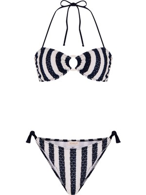 Aquella Lacivert Çizgili Triko Straplez Bikini Takım