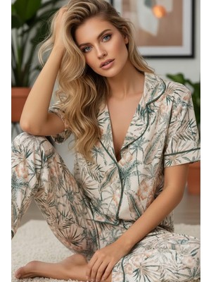 Siyah İnci Yeşil Yaprak Desenli Kısa Kollu Düğmeli Biyeli Pijama TAKIM7855