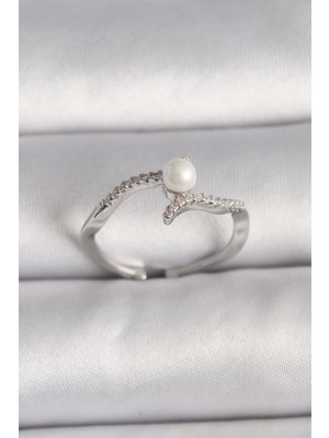 Nacario Mey Ithalat® Pirinç Gümüş Renk Zirkon Taşlı Ayarlanabilir Yüzük