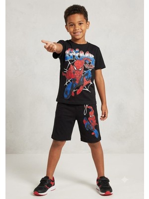 Erkek Çocuk Spiderman / Örümcek Adam Baskılı Siyah Tişört Şort Ikili Takım