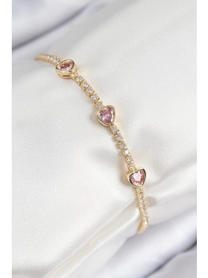 Nacario Mey Ithalat® Pirinç Zirkon Taşlı Pembe Kalp Model Gold Renk Kadın Bileklik