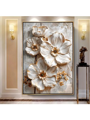 Emya Home Gold Metal Çerçeveli Kabartma Görünümlü Dekoratif Çiçek Kanvas Tablo