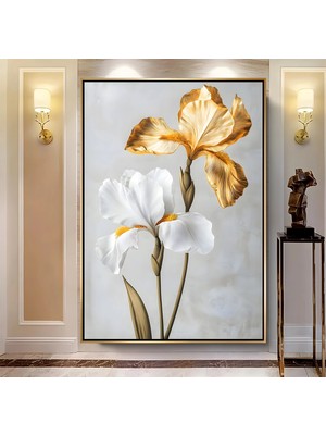 Emya Home Gold Metal Çerçeveli Kabartma Görünümlü Dekoratif Çiçek Kanvas Tablo