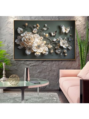 Emya Home Gold Metal Çerçeveli Kabartma Görünümlü Çiçekler Kanvas Tablo