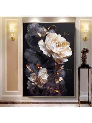 Emya Home Gold Metal Çerçeveli Kabartma Görünümlü Dekoratif Çiçek Kanvas Tablo