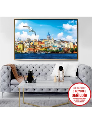 Emya Home Gold Metal Çerçeveli Kabartma Görünümlü Galata Kulesi Kanvas Tablo